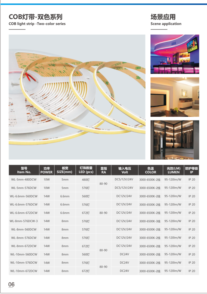 3000K–6500K Tunable White COB LED Strip Spec Image